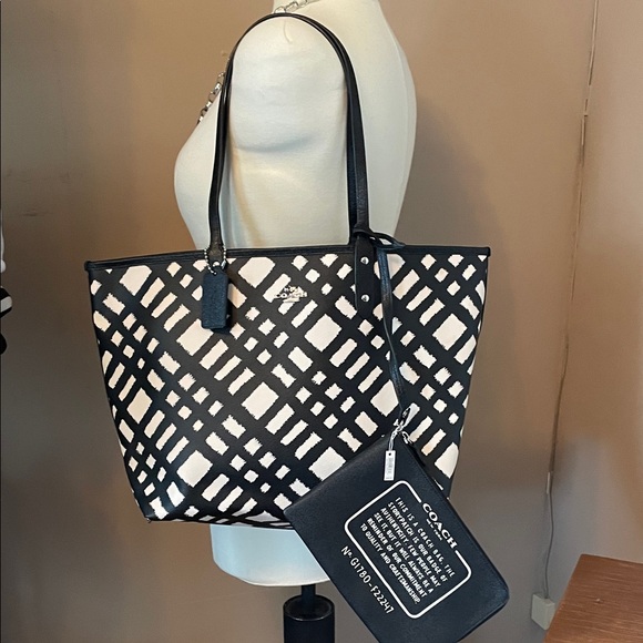 Coach Handbags - Coach Black and Cream Plaid Signature Tote with PouchNWT